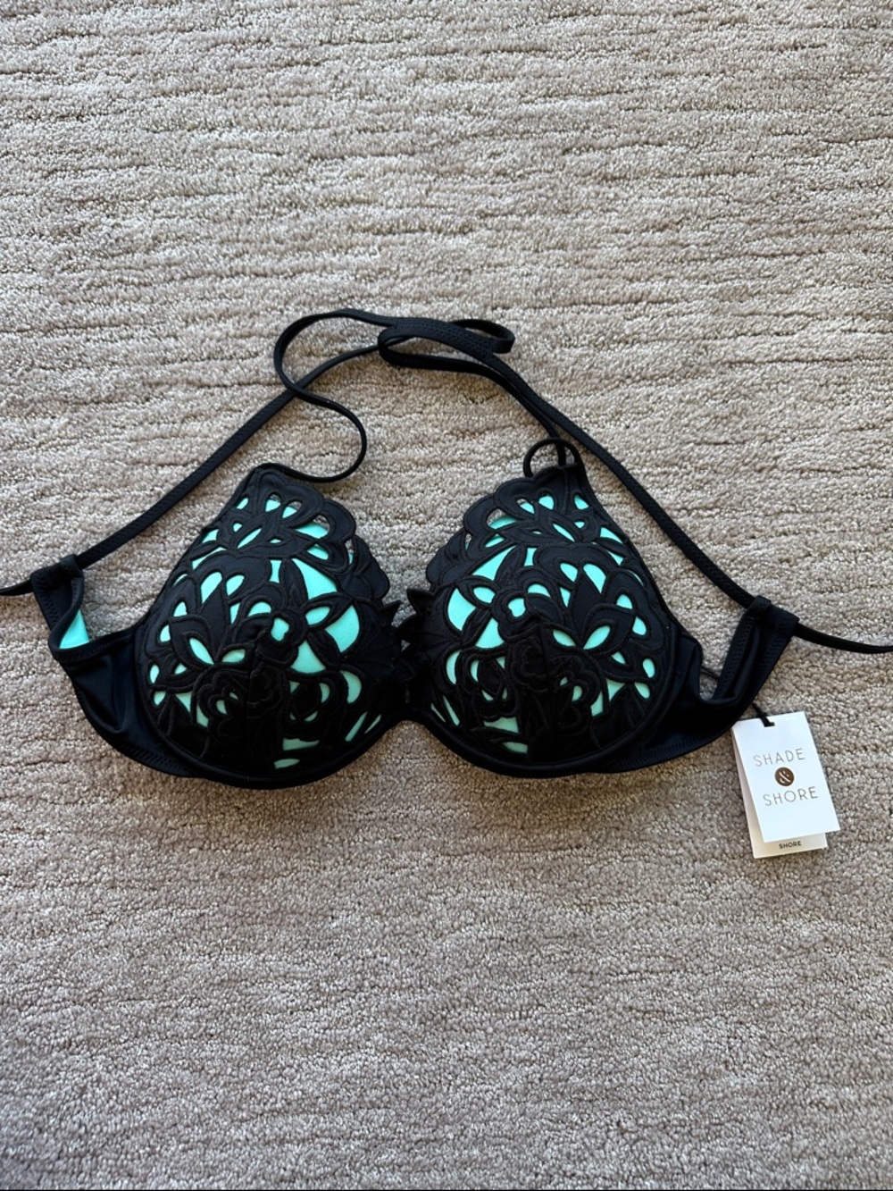 Shade & Shore Black Lace-Overlay Bikini Top with Mint Lining